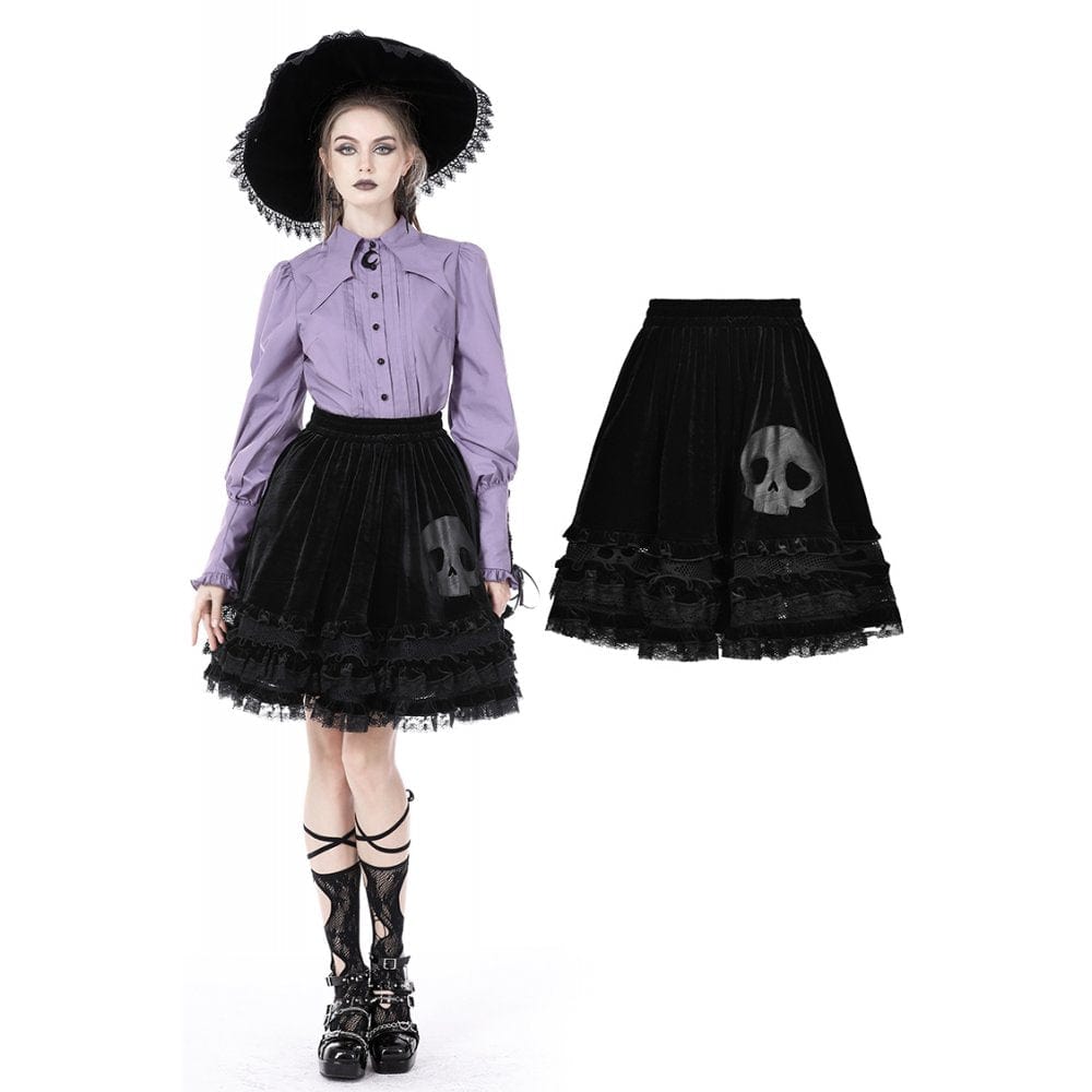 Darkinlove Women's Gothic Skull Printed Ruffled Velvet Skirt