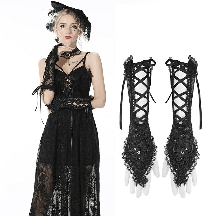 Women's Gothic Strappy Lace Black Gloves