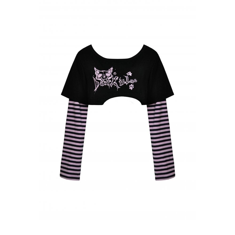 Darkinlove Women's Grunge Cat Printed Striped Sleeve Crop Top