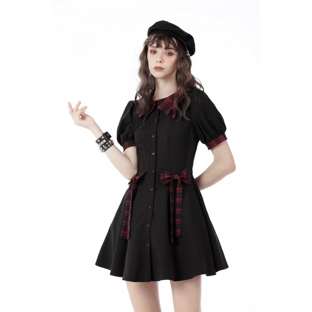 Darkinlove Women's Grunge Front Button Bowknot Shirt Dress