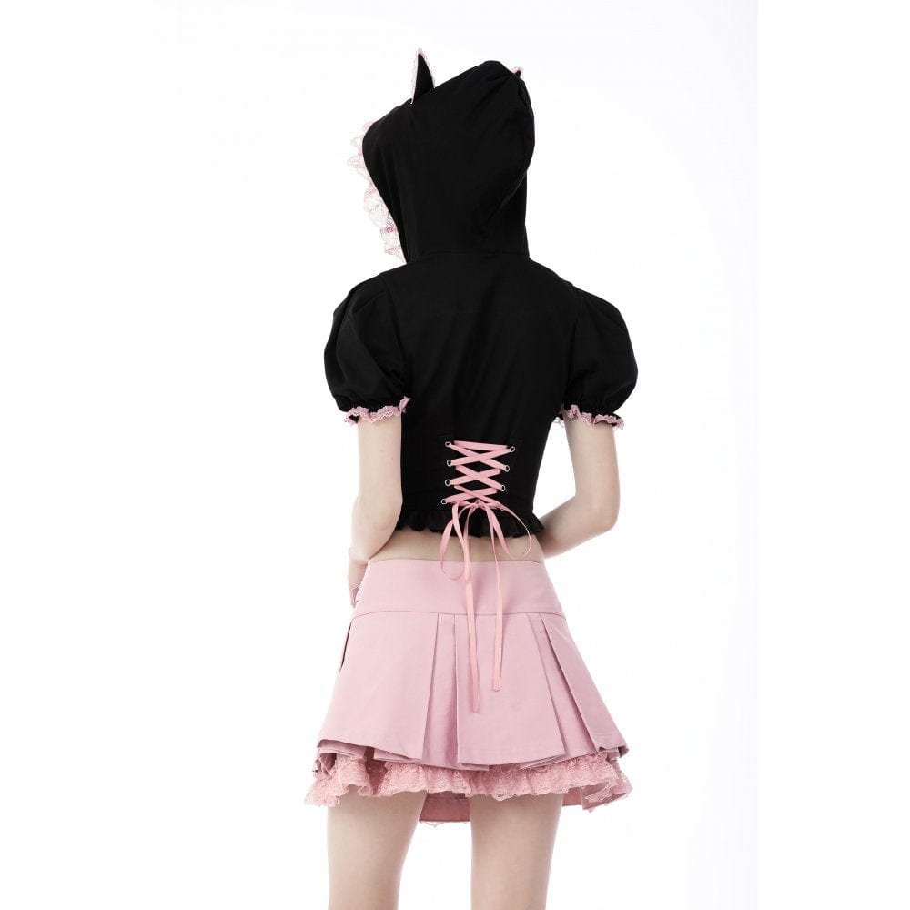 Darkinlove Women's Lolita Front Zip Short Sleeved Crop Top with Cat Hood