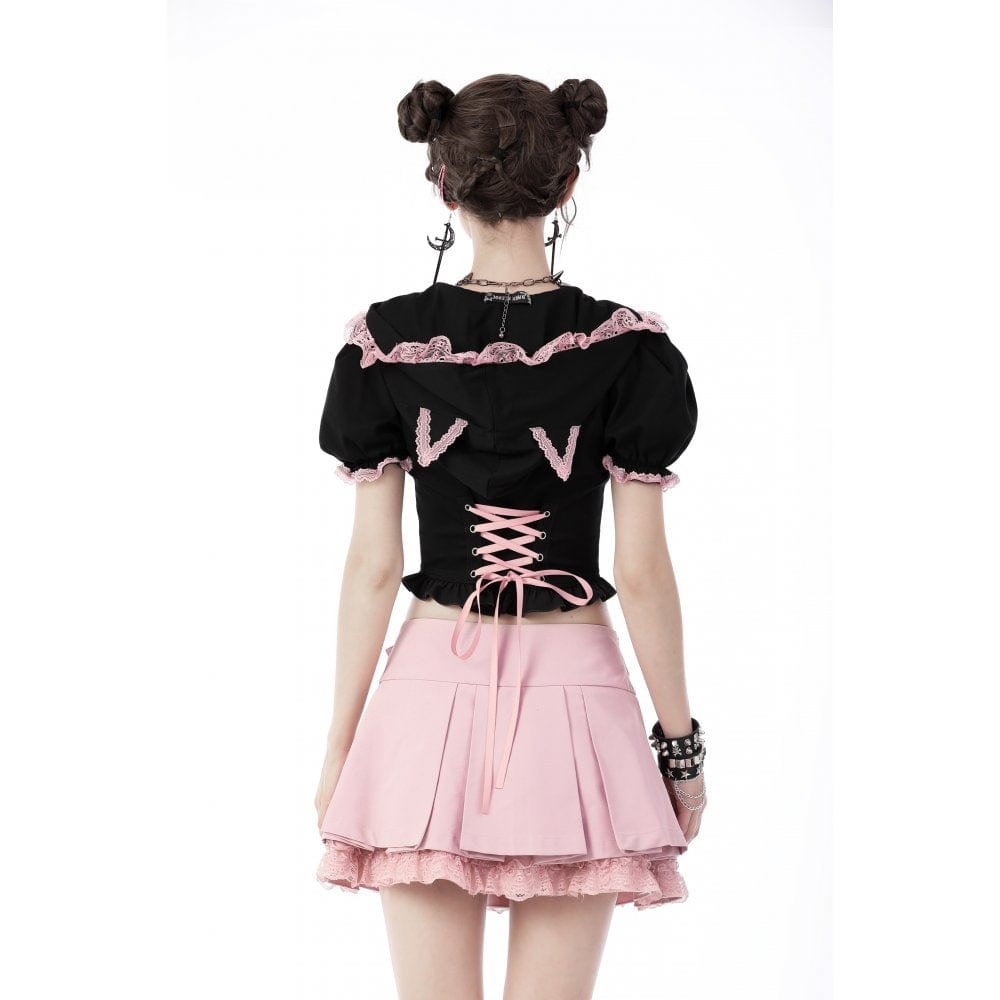 Darkinlove Women's Lolita Front Zip Short Sleeved Crop Top with Cat Hood