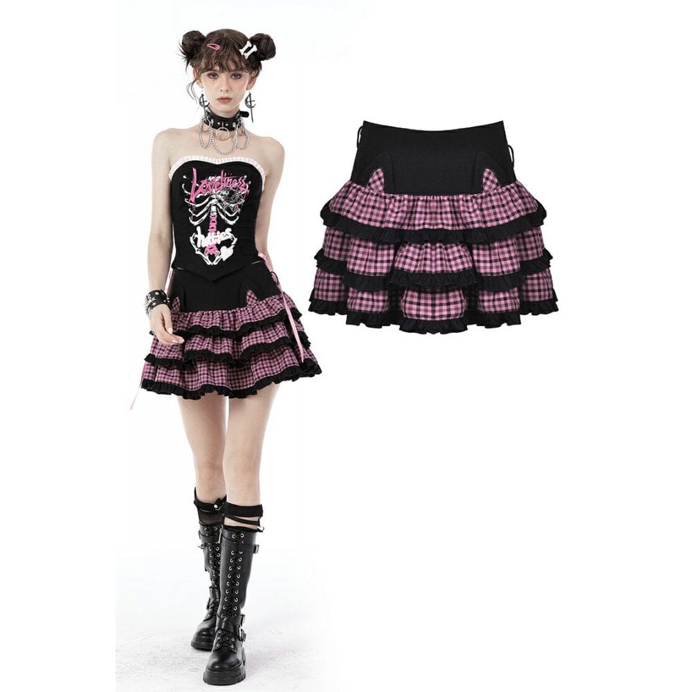 Darkinlove Women's Lolita Multilayer Plaid Short Pleated Skirt