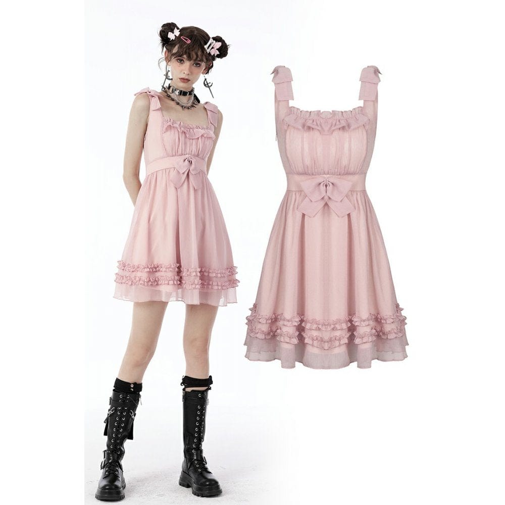 Darkinlove Women's Lolita Pink Ruffles Bowknot Slip Dress