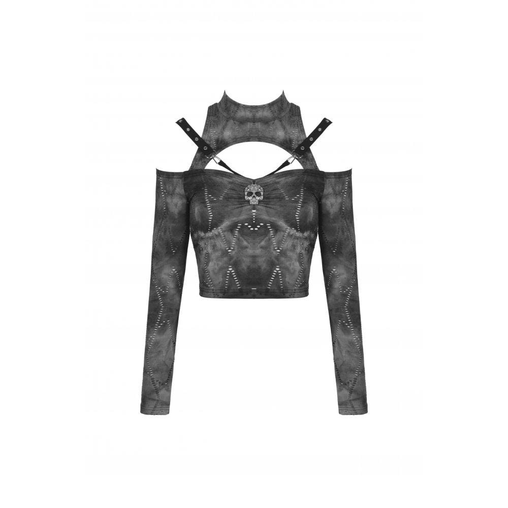 Darkinlove Women's Punk Cutout Off Shoulder Skull Crop Top