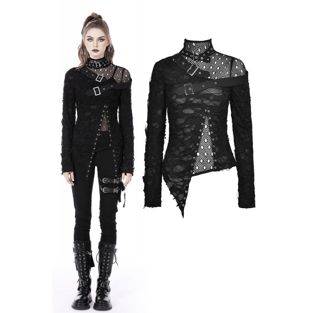 Darkinlove Women's Punk Irregular Ripped Mesh Splice Shirt