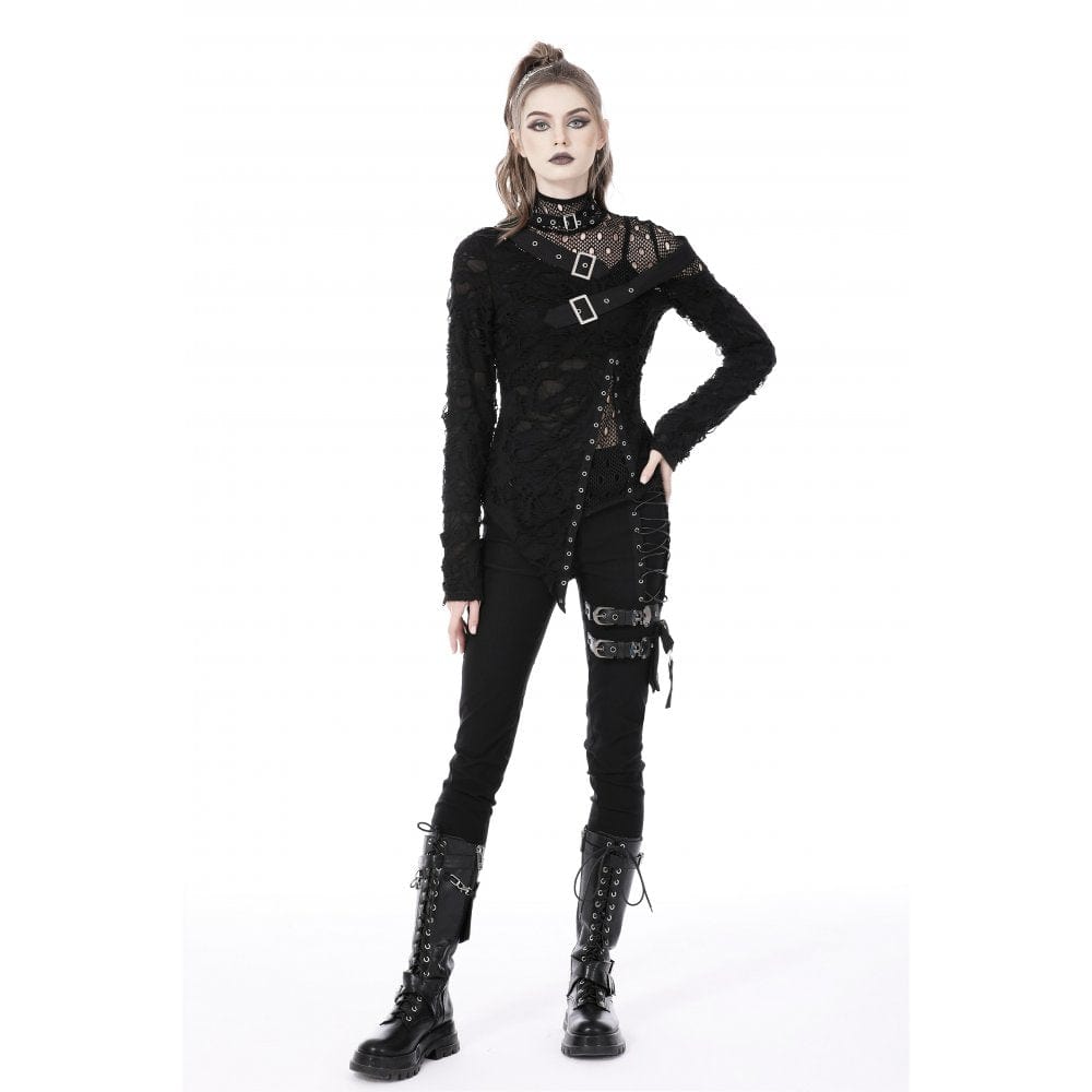 Darkinlove Women's Punk Irregular Ripped Mesh Splice Shirt