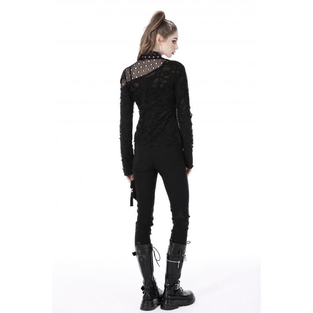 Darkinlove Women's Punk Irregular Ripped Mesh Splice Shirt