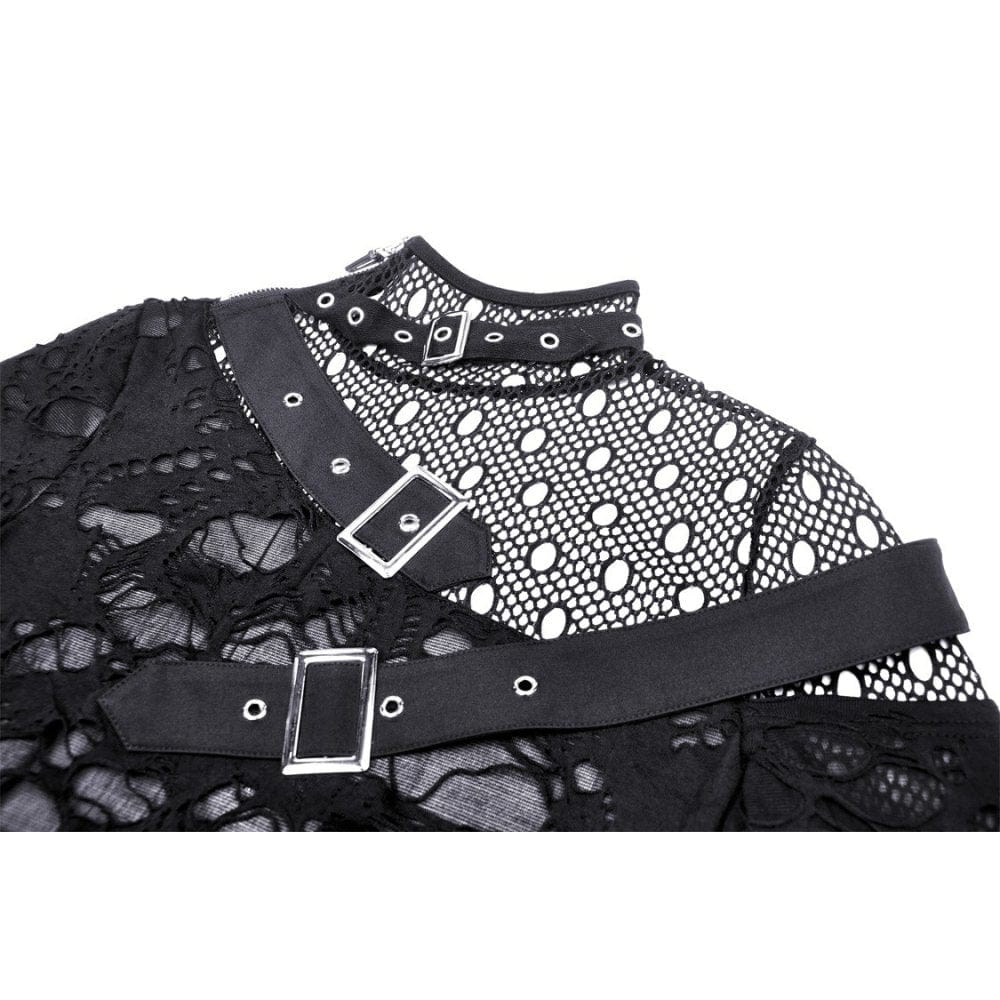 Darkinlove Women's Punk Irregular Ripped Mesh Splice Shirt
