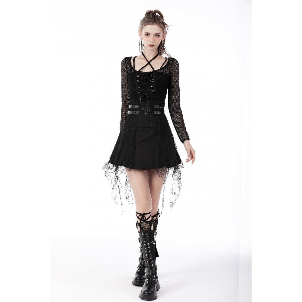 Darkinlove Women's Punk Lacing-up Sheer Long Sleeved Mesh Top