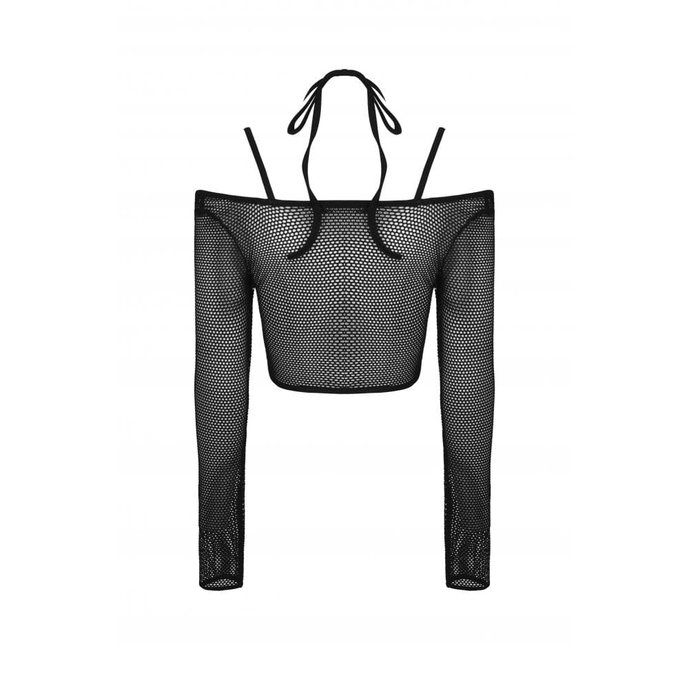 Darkinlove Women's Punk Lacing-up Sheer Long Sleeved Mesh Top