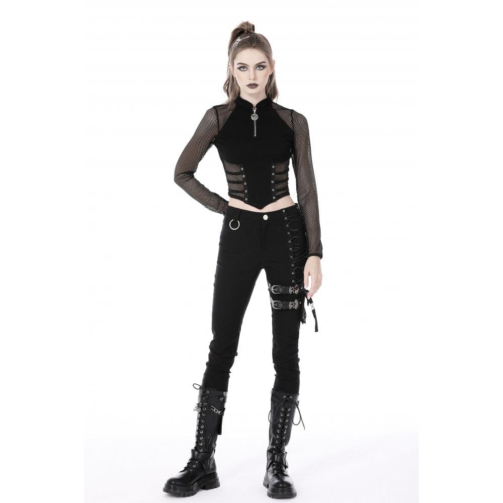 Darkinlove Women's Punk Mesh Splice Eyelets Crop Top