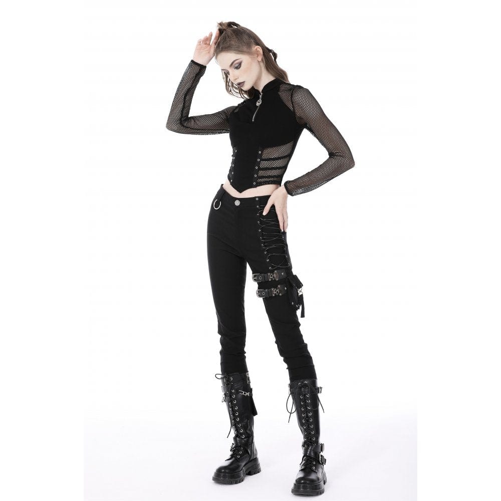 Darkinlove Women's Punk Mesh Splice Eyelets Crop Top