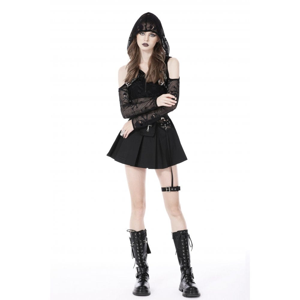 Darkinlove Women's Punk Off Shoulder Skull Mesh Shirt with Hood