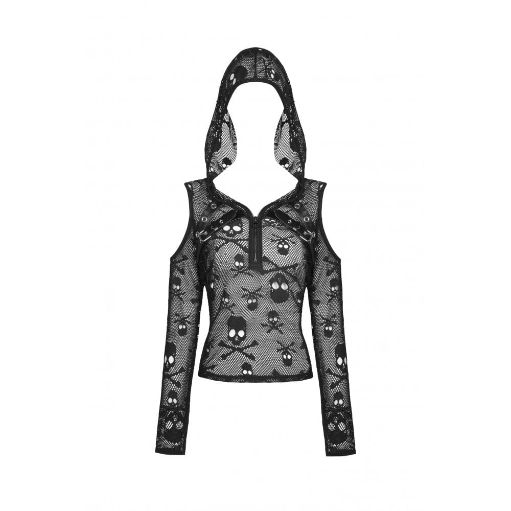 Darkinlove Women's Punk Off Shoulder Skull Mesh Shirt with Hood