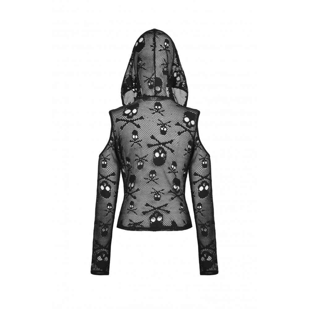 Darkinlove Women's Punk Off Shoulder Skull Mesh Shirt with Hood