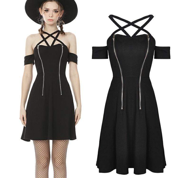 Women's Punk Off Shoulder Star Halterneck Black Little Dresses