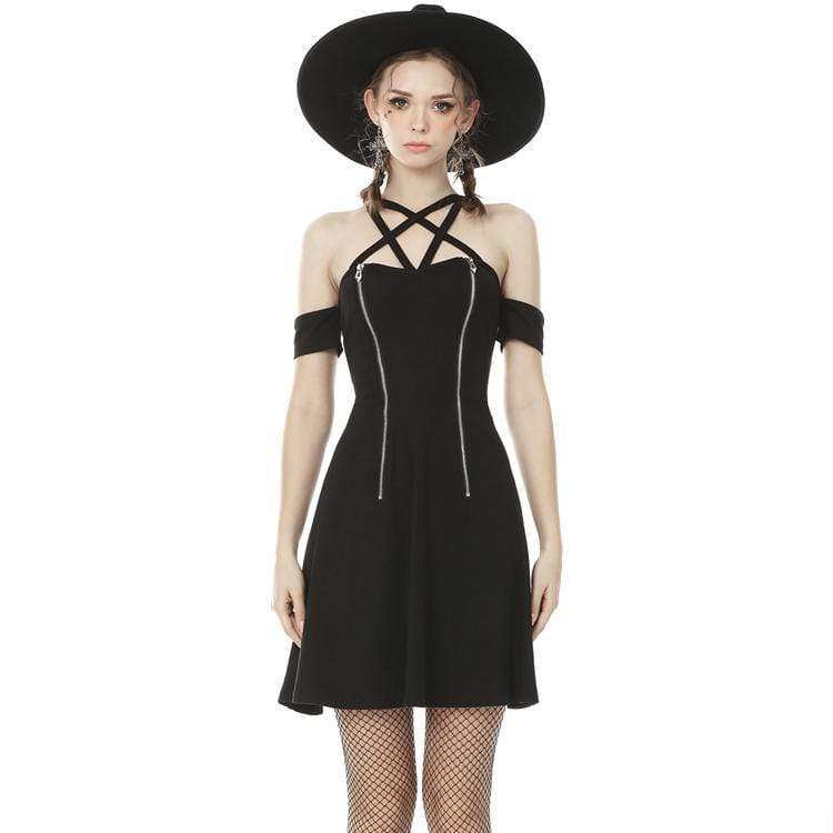 Women's Punk Off Shoulder Star Halterneck Black Little Dresses