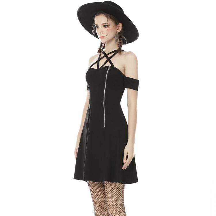 Women's Punk Off Shoulder Star Halterneck Black Little Dresses