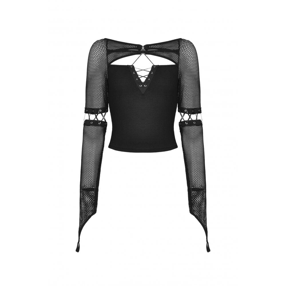Darkinlove Women's Punk Plunging Mesh Splice Shirt with Oversleeves