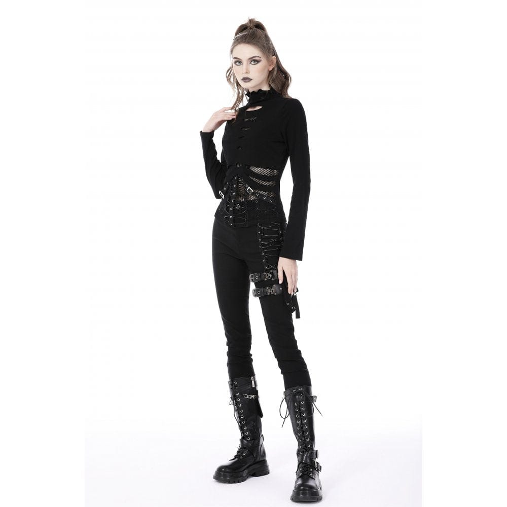 Darkinlove Women's Punk Ripped Mesh Splice Shirt