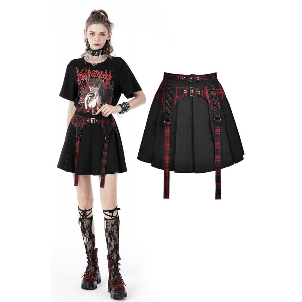 Women's Punk Rock Pleated Skirt With Red Plaid Strap Punk Design Women's Punk Rock Pleated Skirt With Red Plaid Strap Punk Design