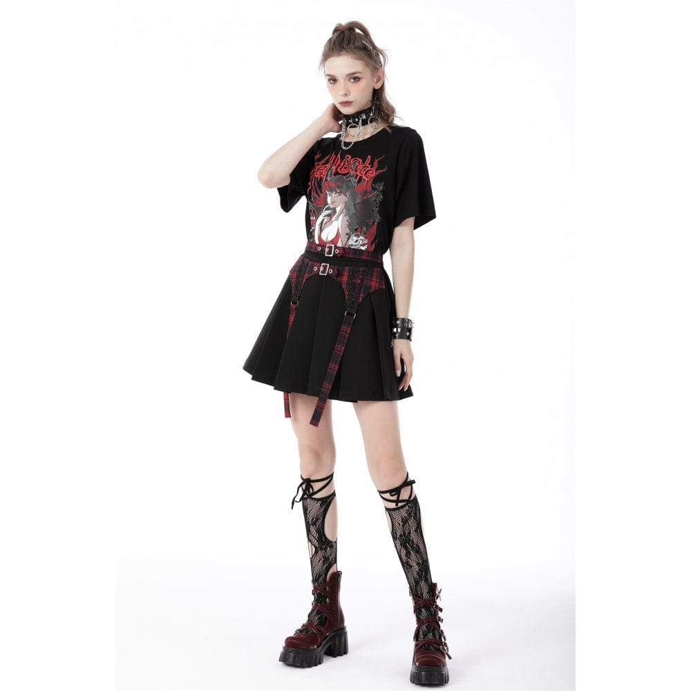 Darkinlove Women's Punk Rock Pleated Skirt with Red Plaid Strap
