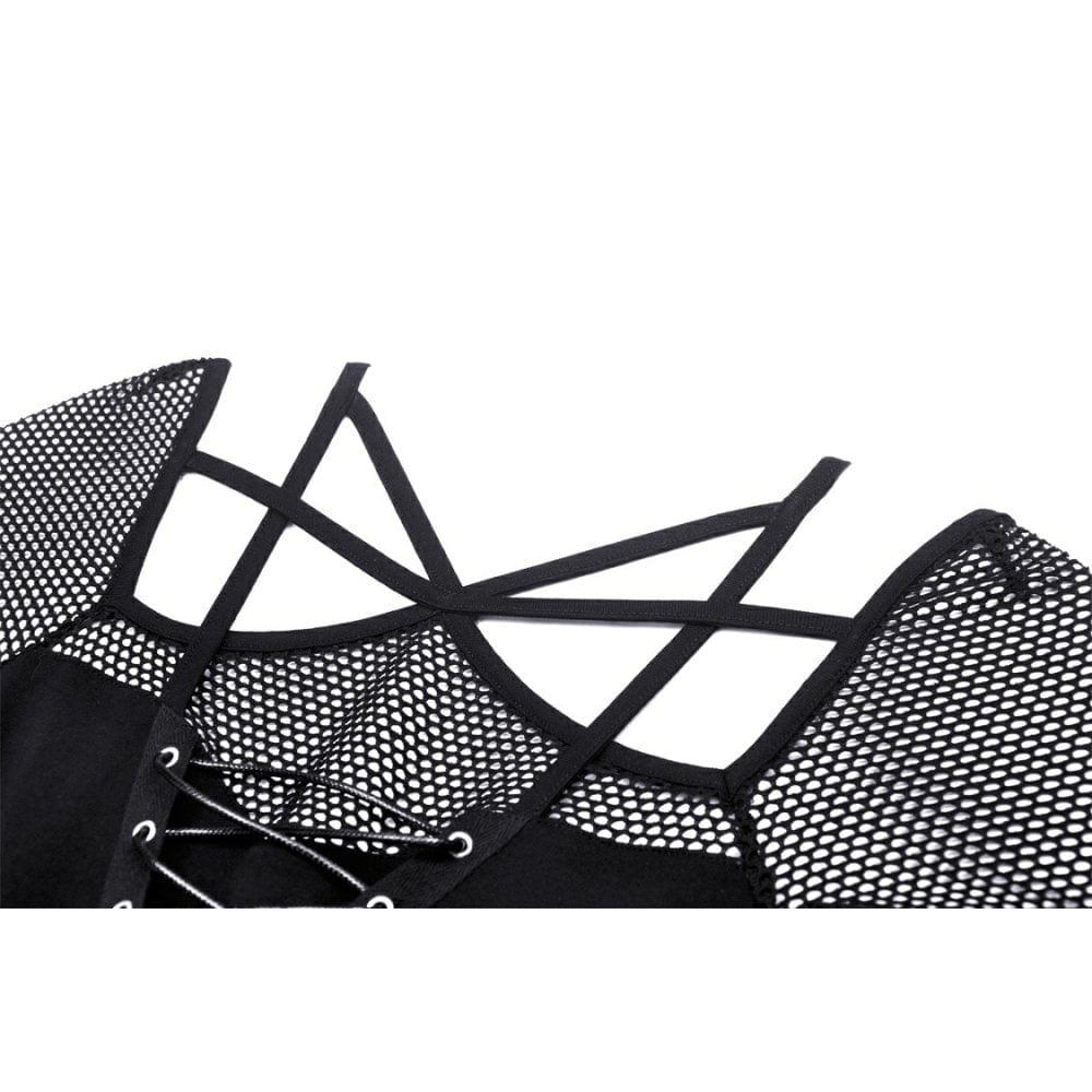 Darkinlove Women's Punk Strappy Mesh Splice Crop Top