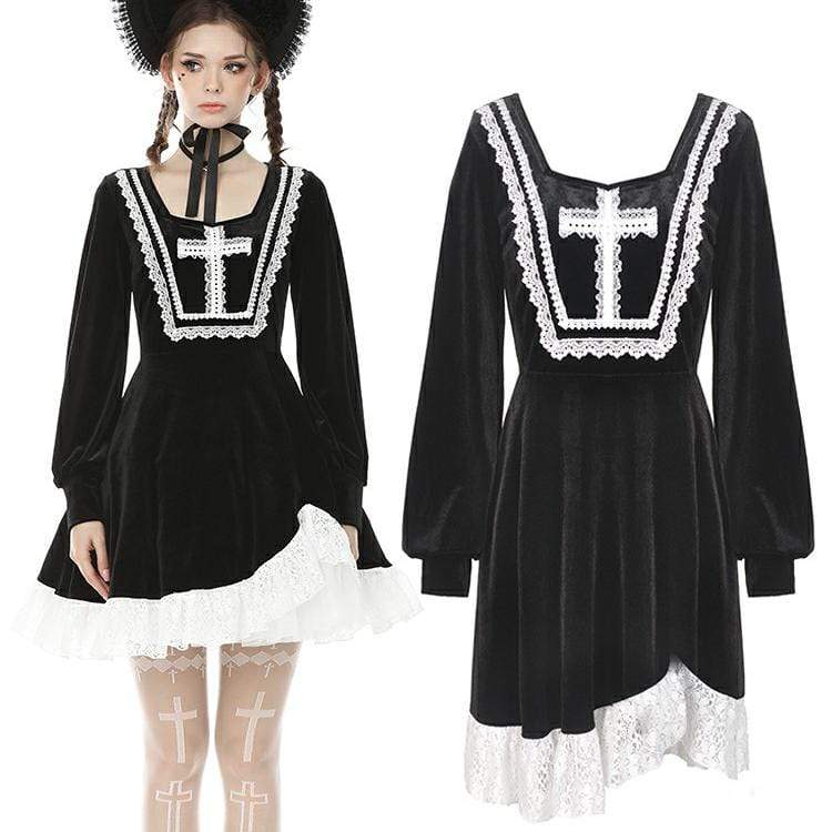Women's Vintage Gothic Puff Sleeves Black Little Dresses Maid Dresses with Lace Hem