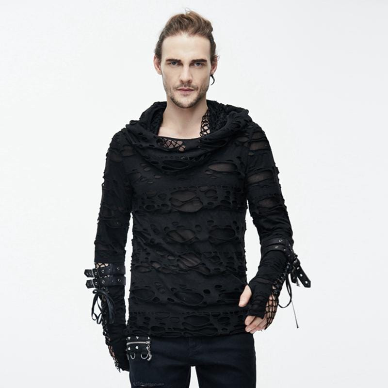 DEVIL FASHION Men's Distressed Ripped Hooded Punk-Shirt With Mesh Underlayer