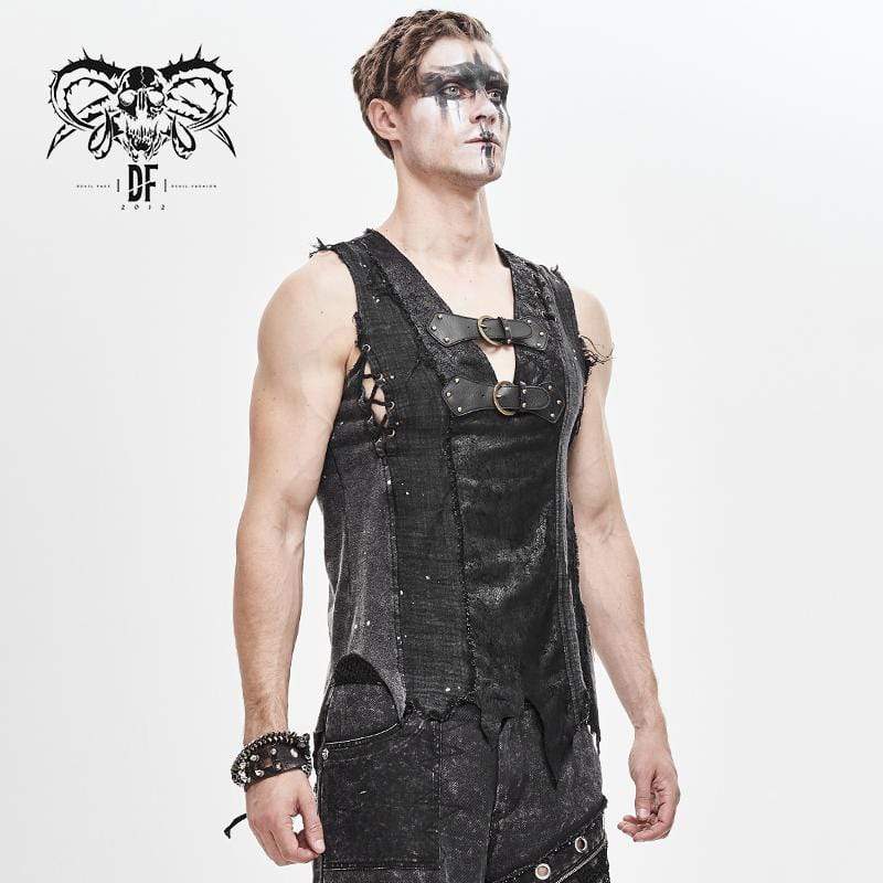 DEVIL FASHION Men's Goth Festival V-neck Ripped Buckle Straps Vests