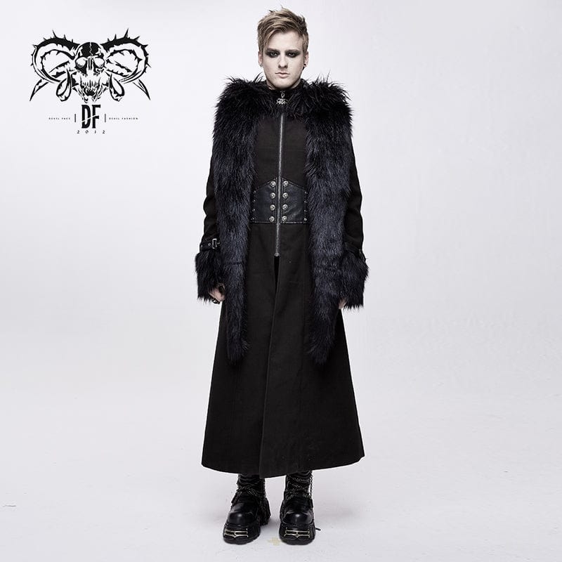 Devil Fashion Men's Goth Fur Collar Hooded Woolen Overcoat