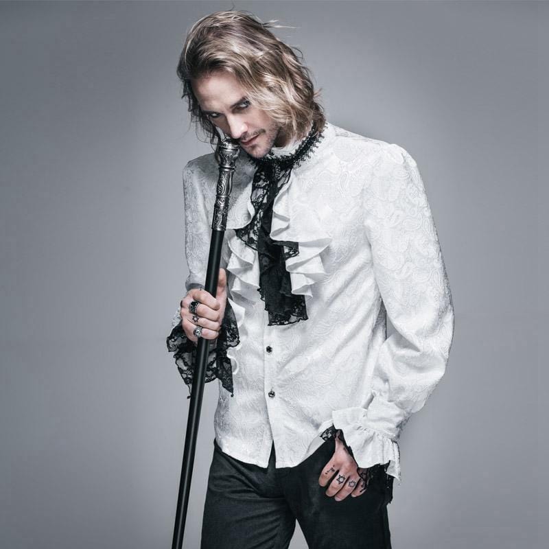 DEVIL FASHION Men's Goth Style Self Design Shirt with Jabot