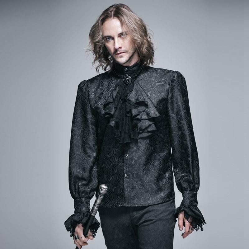 DEVIL FASHION Men's Goth Style Self Design Shirt with Jabot
