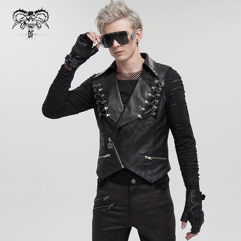 DEVIL FASHION Men's Gothic Asymmetric Zipper Lace-up Waistcoat