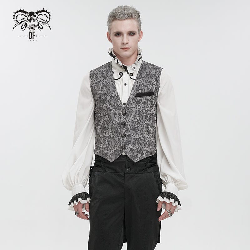 DEVIL FASHION Men's Gothic Cashew Printed Swallow-tailed Waistcoat Grey