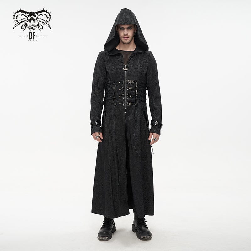 DEVIL FASHION Men's Gothic Faux Leahter Splice Long Coat with Hood