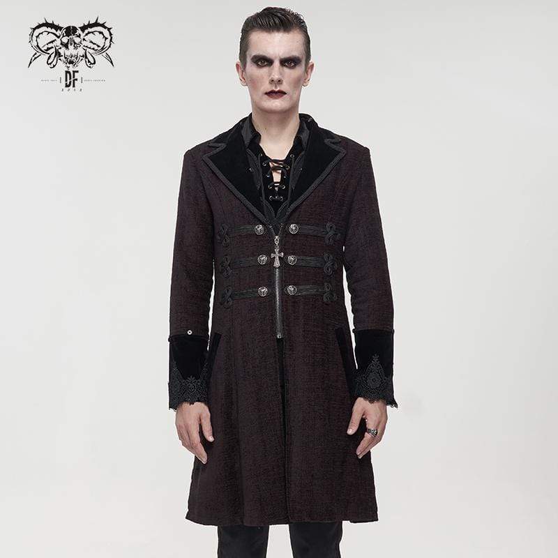 DEVIL FASHION Men's Gothic Floral Zipper Red Coat with Detachable Faux Fur