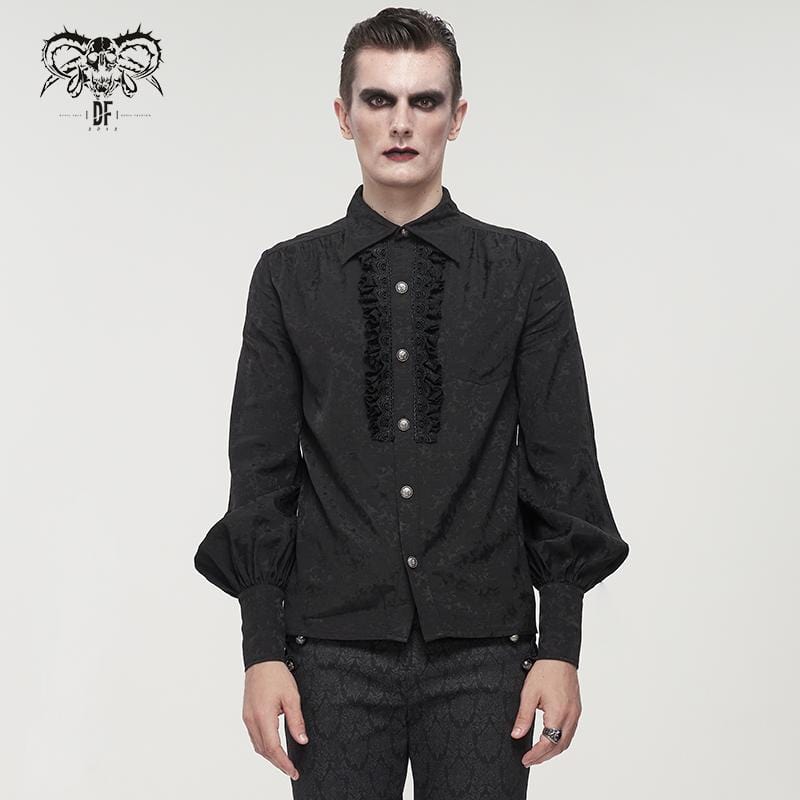 DEVIL FASHION Men's Gothic Puff Sleeved Lace Splice Shirt Black