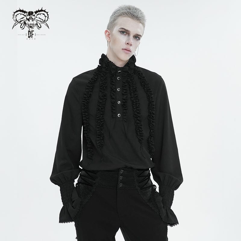 DEVIL FASHION Men's Gothic Puff Sleeved Ruffled Shirt Black
