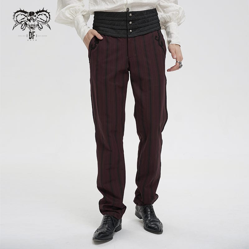DEVIL FASHION Men's Gothic Ribbed High-waisted Pants Red