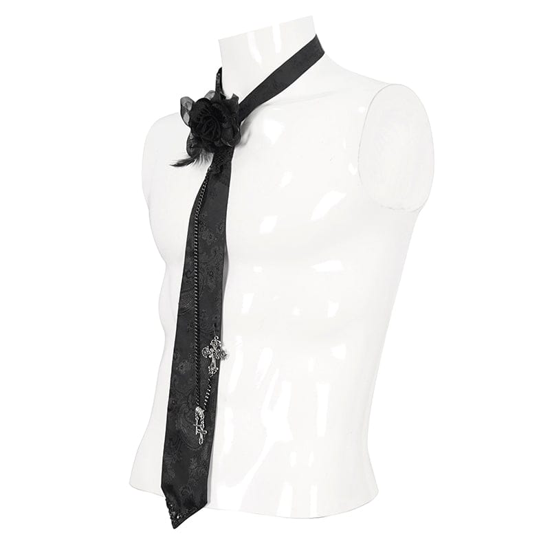 DEVIL FASHION Men's Gothic Rose Feather Necktie with Cross Chain