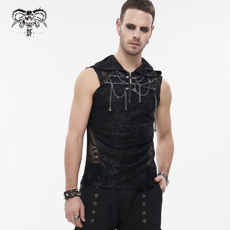 DEVIL FASHION Men's Gothic Skull Mesh Splice Chain Tank Top with Hood