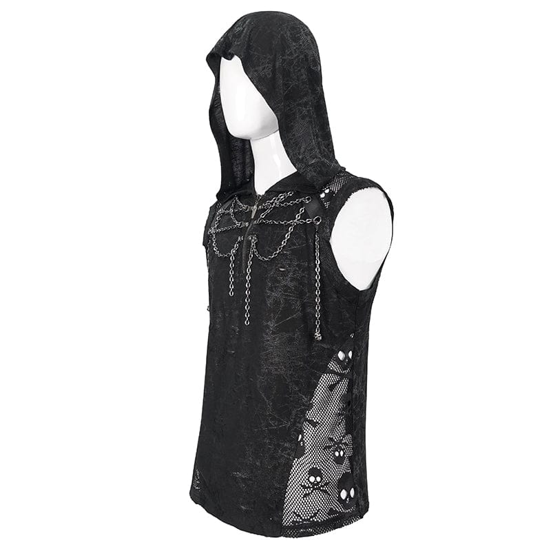 DEVIL FASHION Men's Gothic Skull Mesh Splice Chain Tank Top with Hood