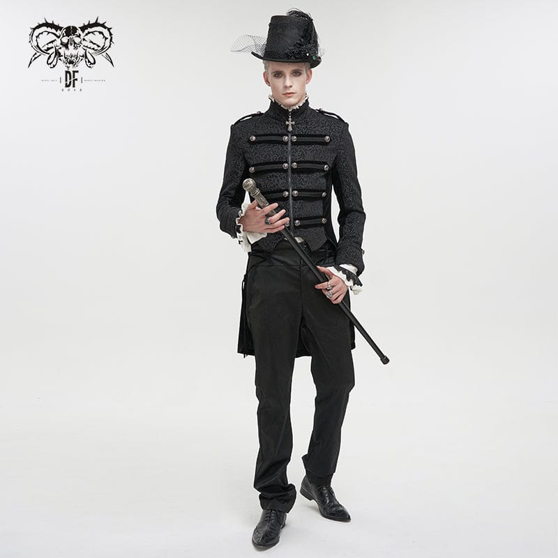 DEVIL FASHION Men's Gothic Stand Collar Embossed Swallow-tailed Coat Black