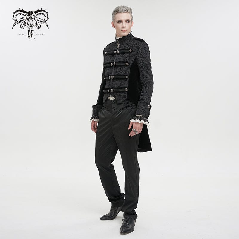 DEVIL FASHION Men's Gothic Stand Collar Embossed Swallow-tailed Coat Black