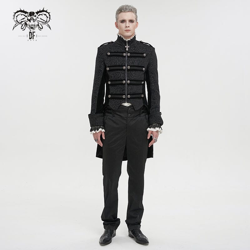 DEVIL FASHION Men's Gothic Stand Collar Embossed Swallow-tailed Coat Black