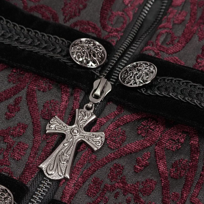 DEVIL FASHION Men's Gothic Stand Collar Embossed Swallow-tailed Coat Red