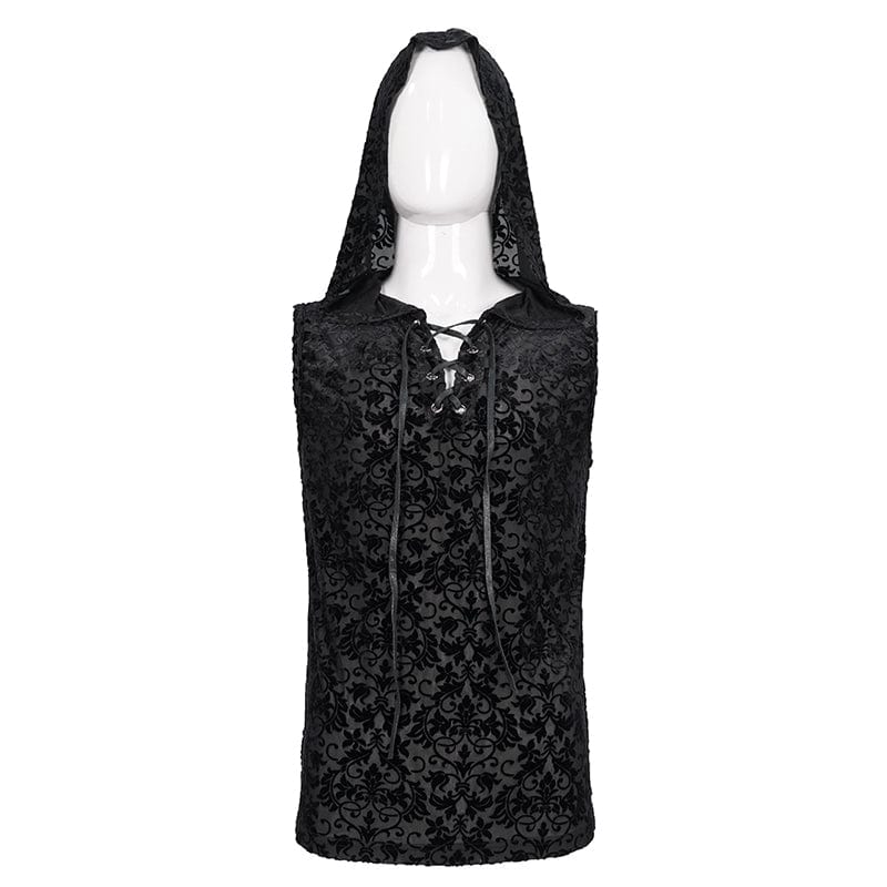 DEVIL FASHION Men's Gothic Strappy Floral Printed Tank Top with Hood