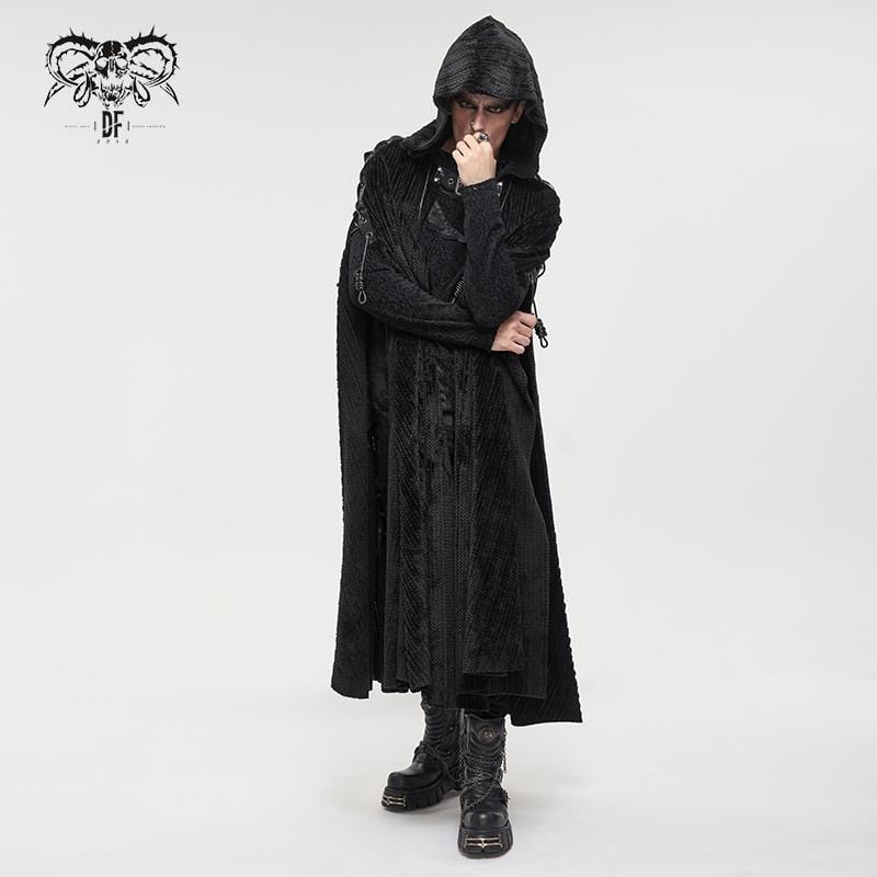 DEVIL FASHION Men's Gothic Strappy Split Buckle Coat with Hood